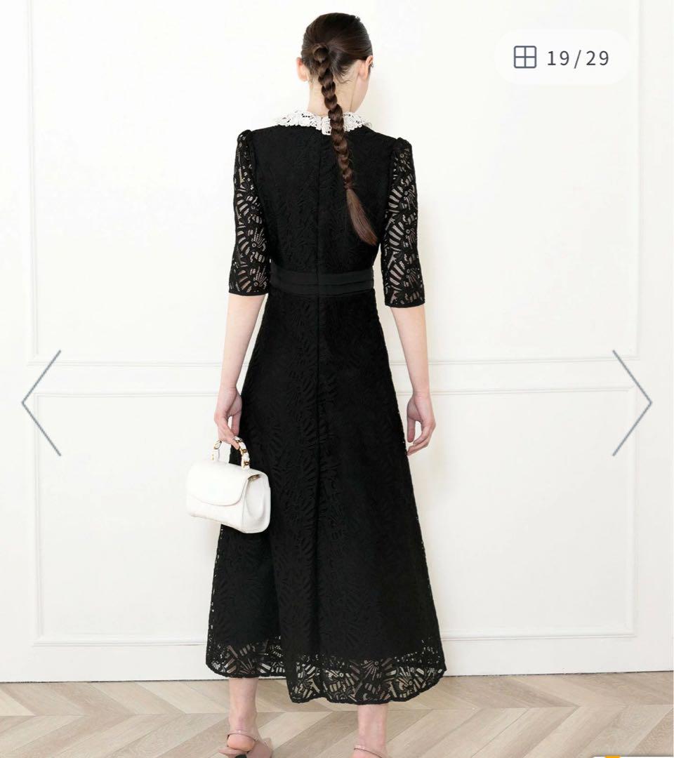 LEJA-レースビッグカラー花柄刺繍ウエストマークロングフレアドレスワンピース