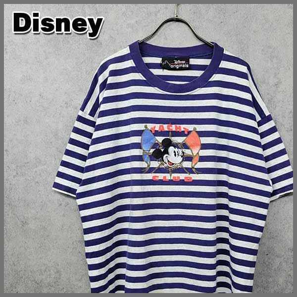 90s 古着 ディズニー ミッキーマウス 刺繍ロゴ ボーダー Tシャツ ネイビー