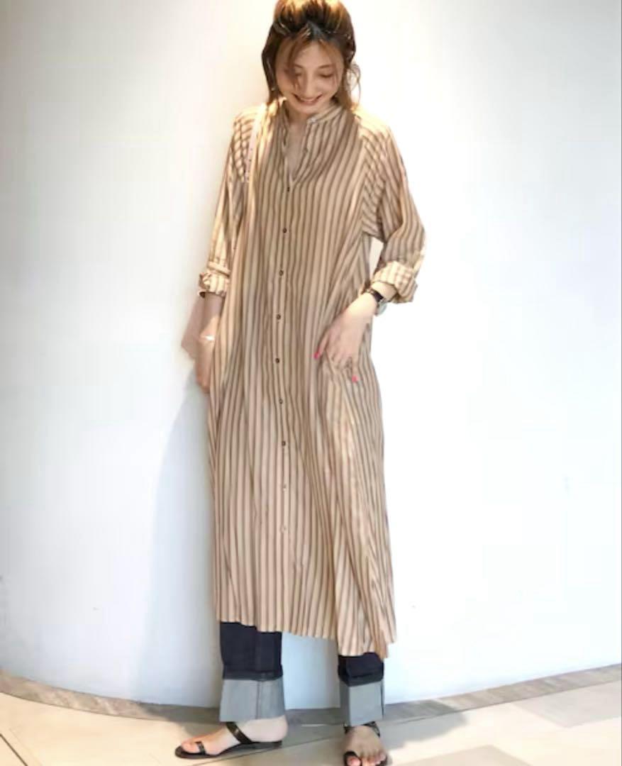 美品△TICCA ティッカ//バンドカラーストライプシャツワンピース
