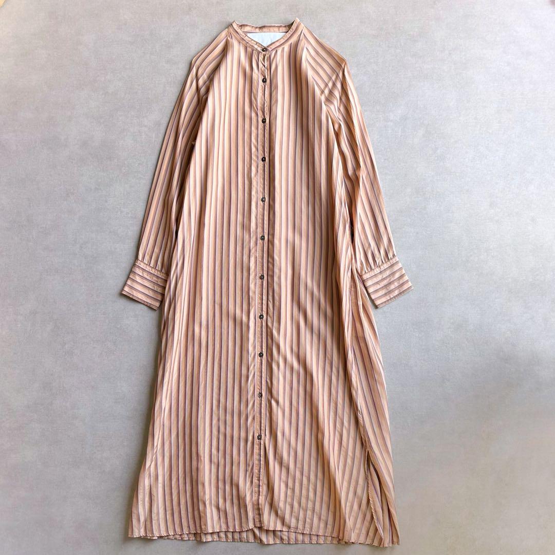 美品△TICCA ティッカ//バンドカラーストライプシャツワンピース