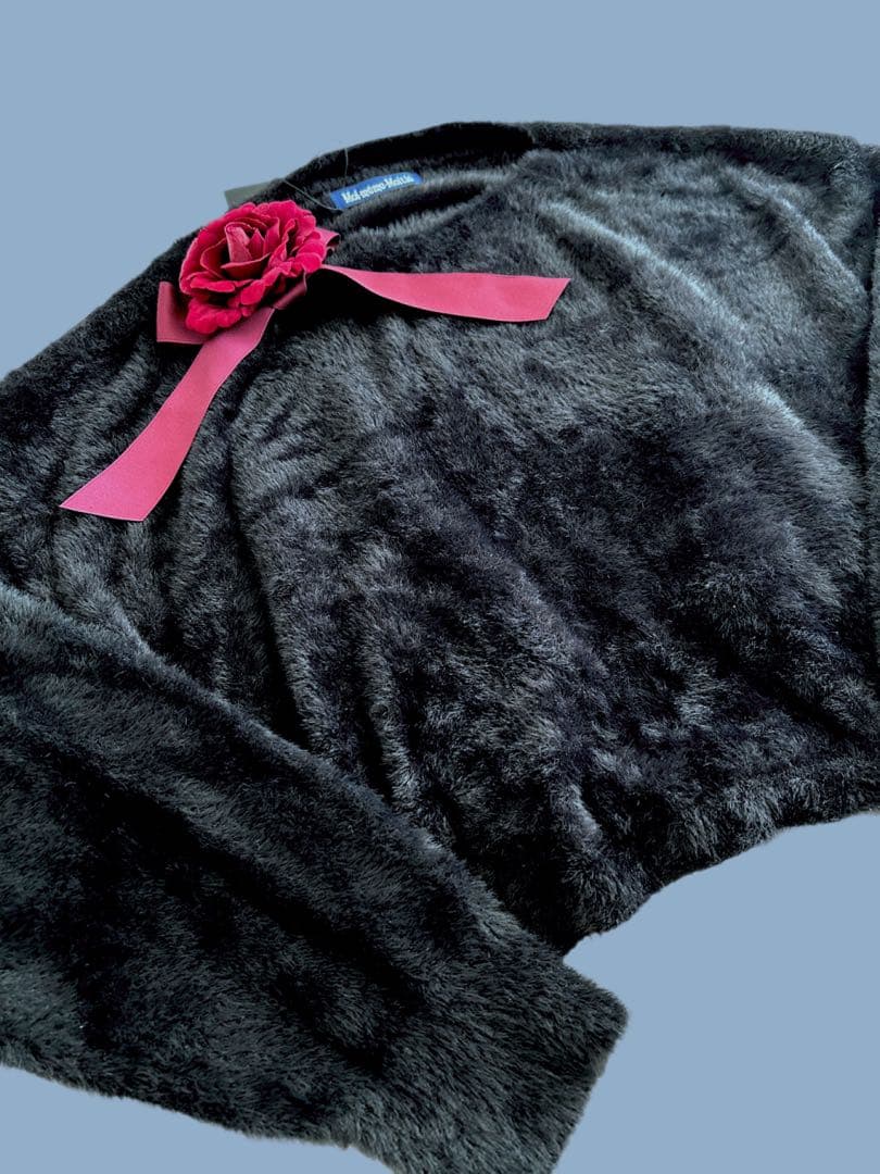 Moi-meme-Moitie コサージュ付きシャギーニット 黒×赤 SIZE Moi-meme-Moitie