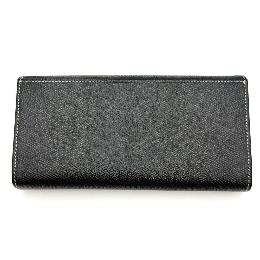 希少 極美品 キタムラ 長財布 紺 レザー フラップ ロゴ刻印 白