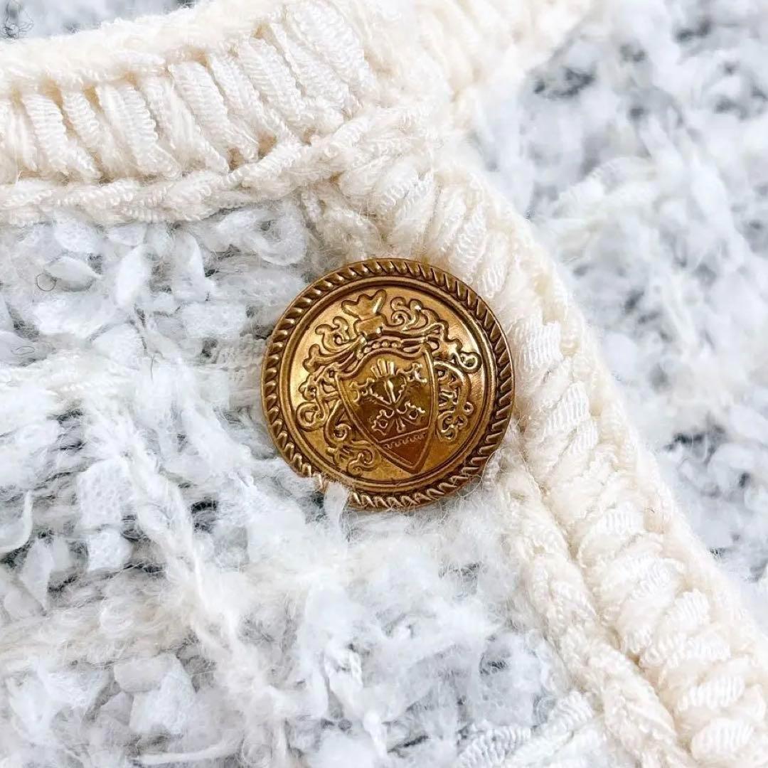 美品 Arpege story ノーカラー ツイード ニットジャケット 金ボタン