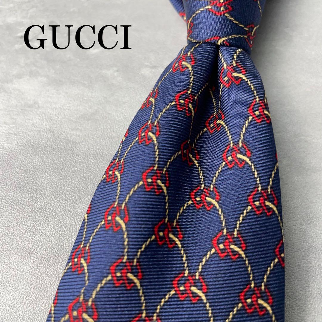 美品 GUCCI インターロッキングロゴ ロープ 格子柄 ネクタイ ネイビー 紺