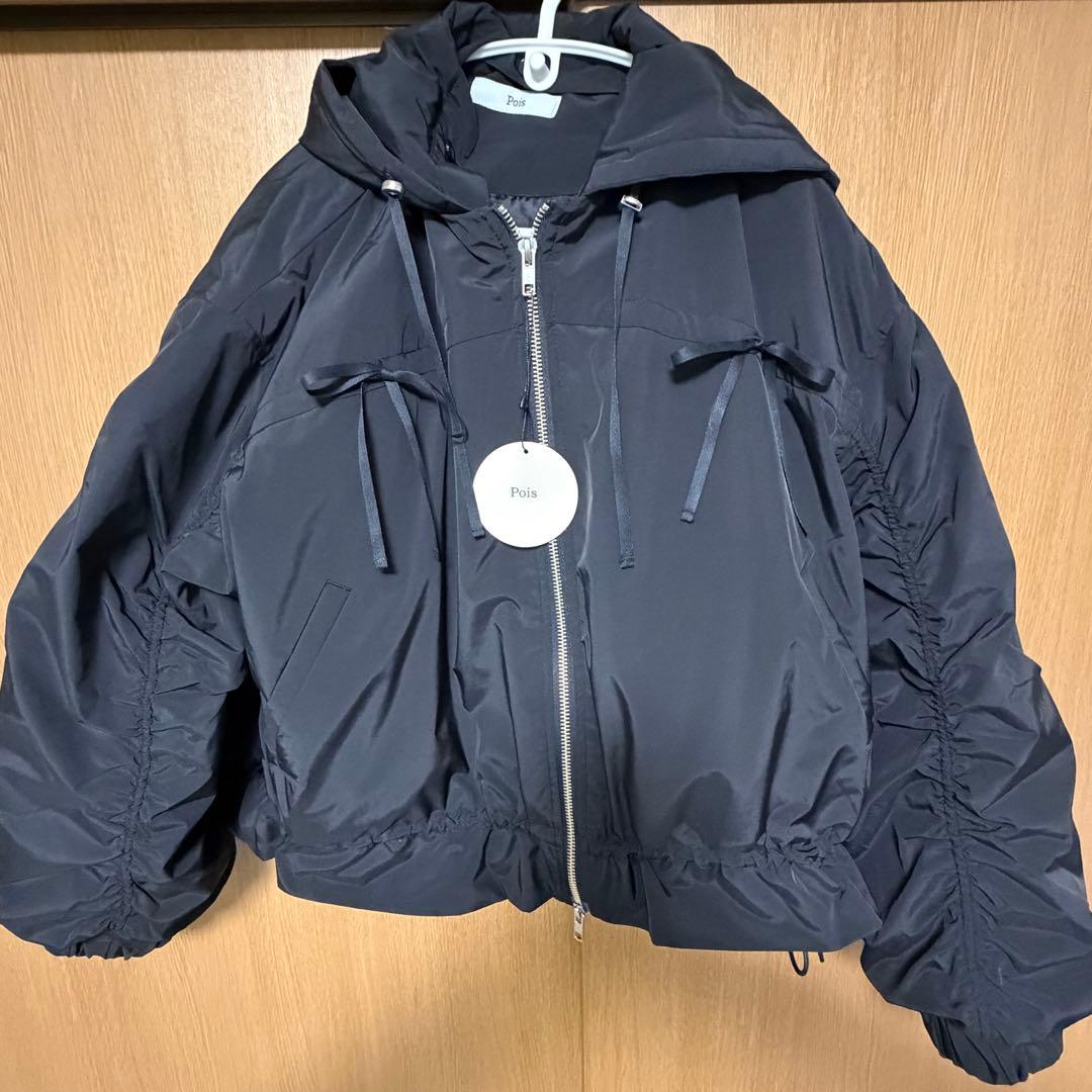 リボンブルゾン フード付きオーバーサイズダウンジャケット ブラック リボンブルゾン フード付きオーバーサイズダウンジャケット ブラック