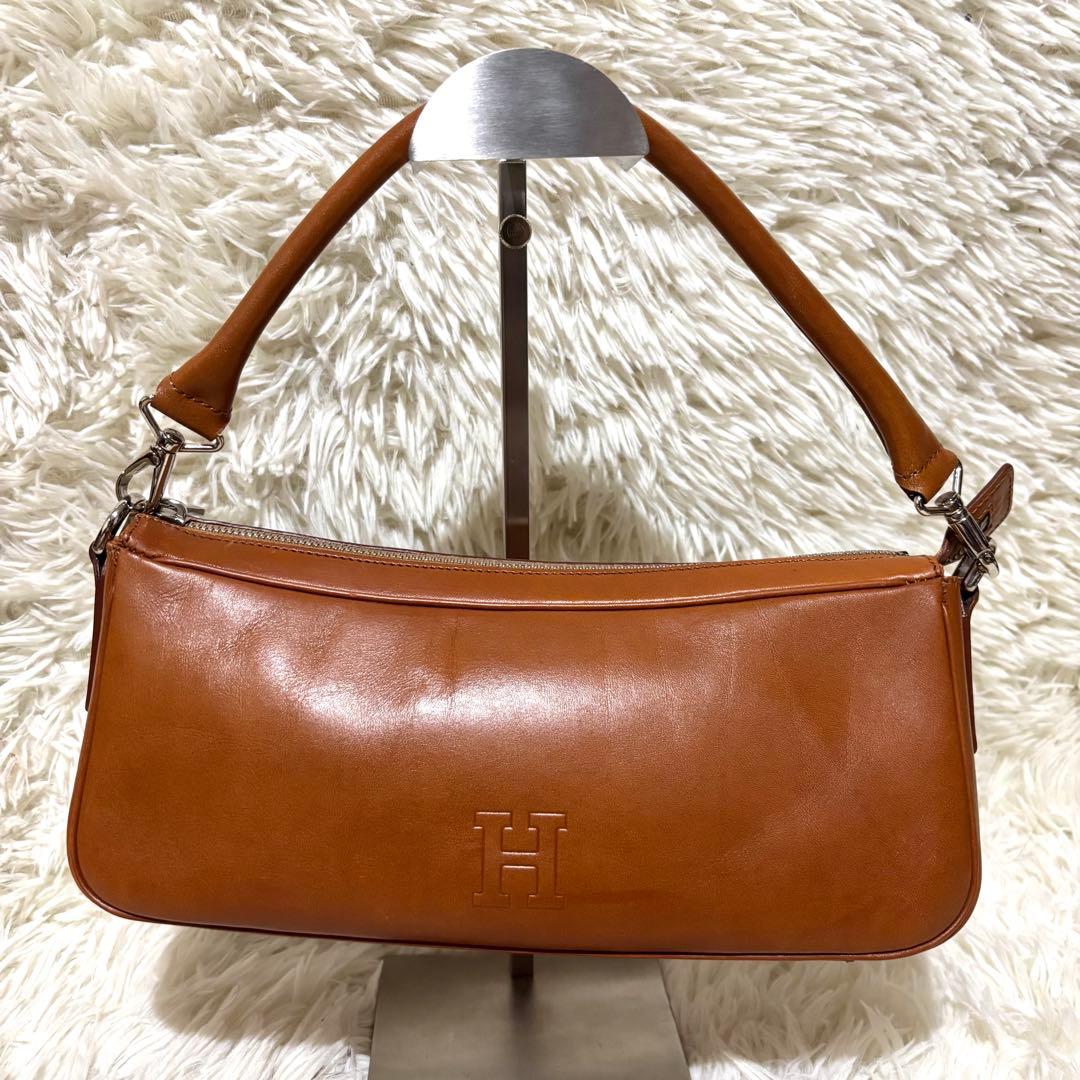 美品☆HIROFU キャメルレザー ハンドバッグ ロゴ入り　ヒロフ