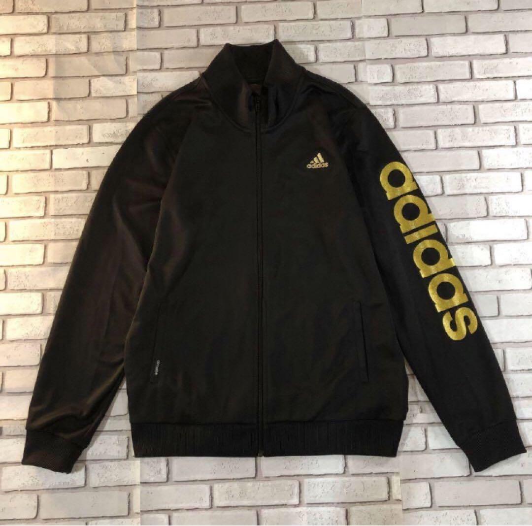 【adidas】トラックジャケットXOサイズ 黒×ゴールド ビッグロゴ&刺繍
