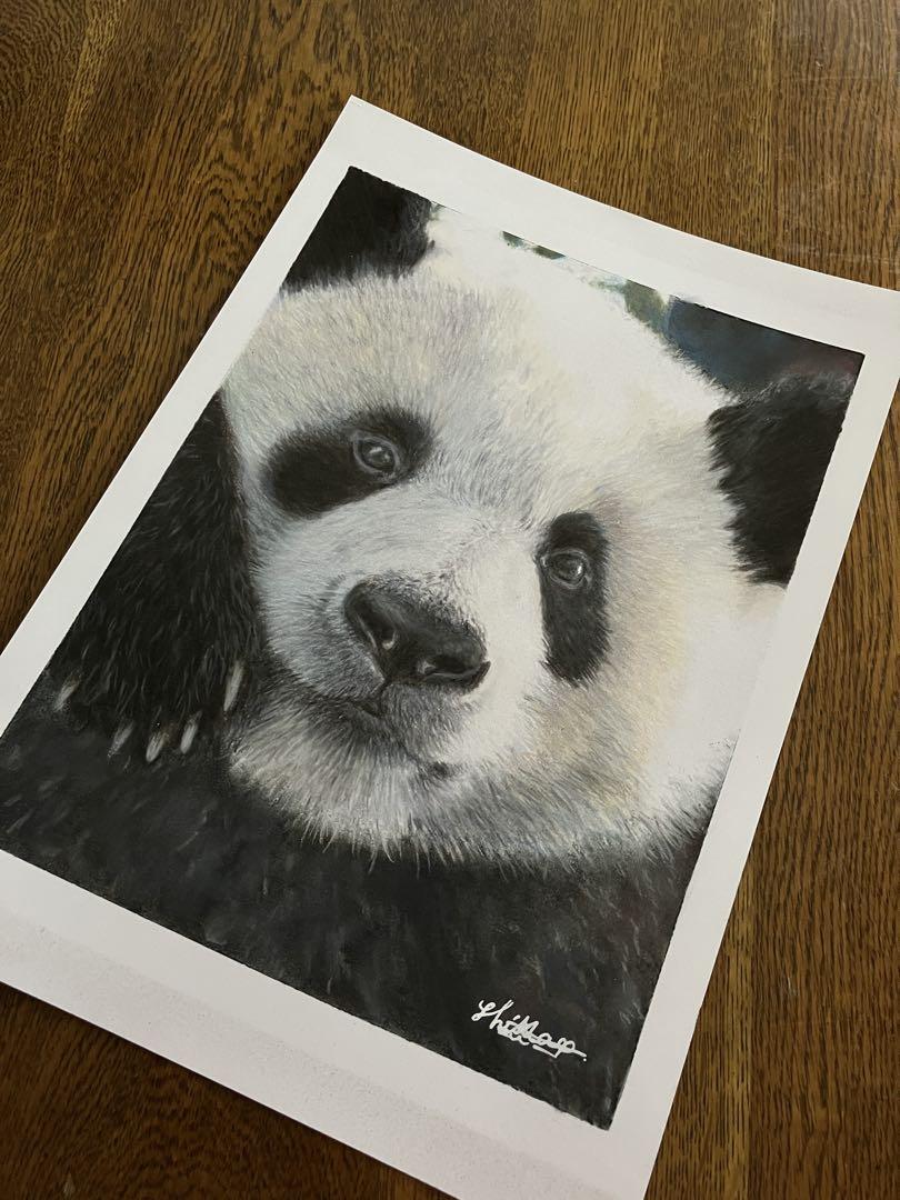 “やっほい” 色鉛筆画 パステル パンダ