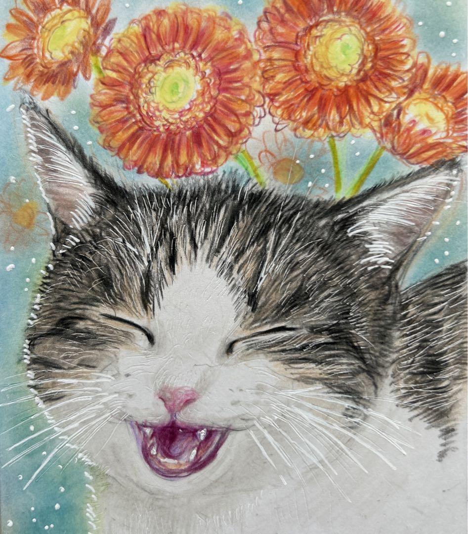 猫 絵画 子猫 イラスト 水彩色鉛筆 油彩色鉛筆 原画 ガーベラと