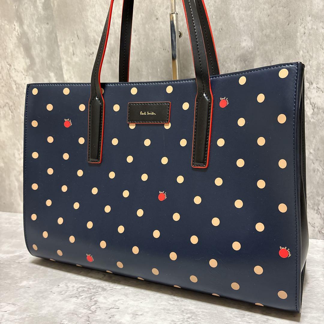良品✨ポールスミス A4可 ハンドバッグ ポルカドット レザー ネイビー