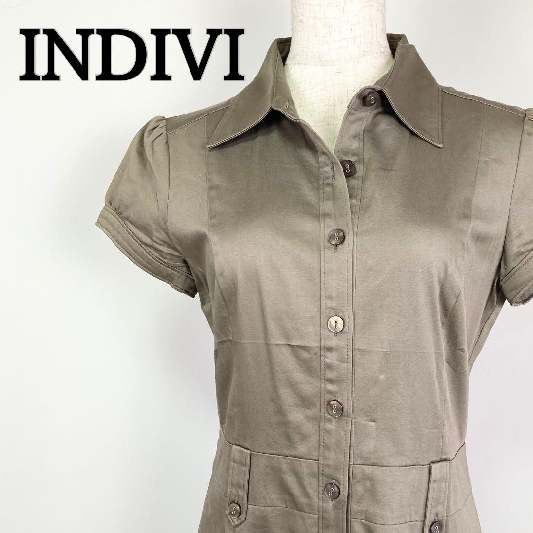 INDIVI インディヴィ　半袖　シャツワンピース　カーキー　M ワンピ　シャツ