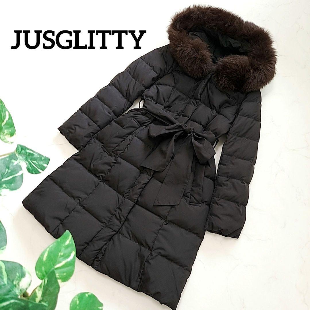 ジャスグリッティー ファー付きフードダウンコート ベルト ロング丈 黒S JUSGLITTY