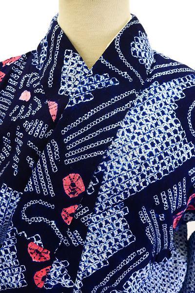 未使用品 浴衣 有松絞り バチ衿 紺 花文 身丈156cm お洒落 夏 伝統 綿