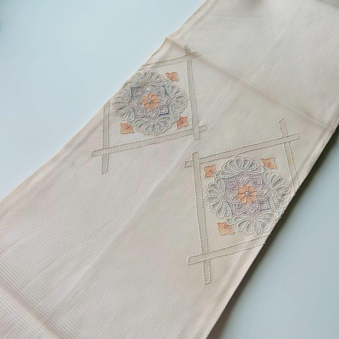相良刺繍 絽織 夏開き名古屋帯 正絹 菱文に華 T-6488