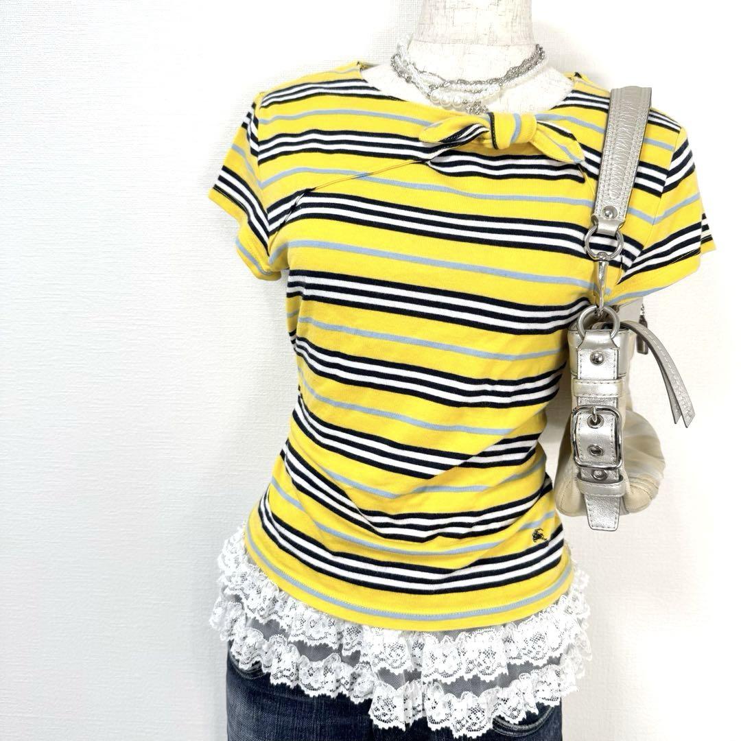 y2k✨️ BURBERRY BLUE LABEL バックリボン トップス y2k❤️ BURBERRY BLUE LABEL ボーダー リボン トップス - メルカリ