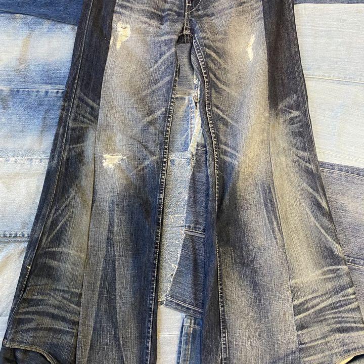 ランキング入賞商品 再構築 リメイク フレア デニム パンツ ブルー