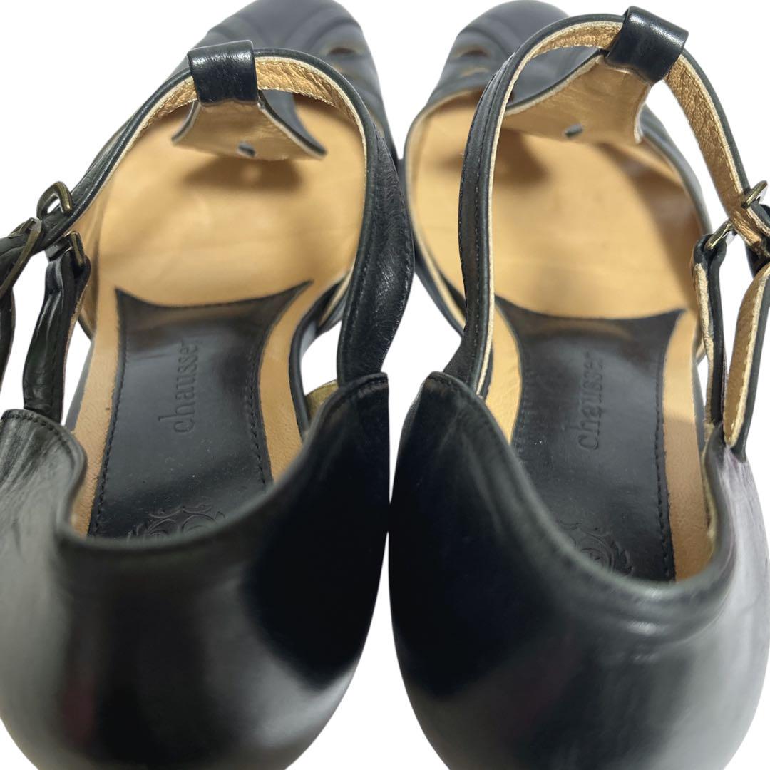 chausser ショセ Tストラップ カットワーク パンプス レザー 24.5