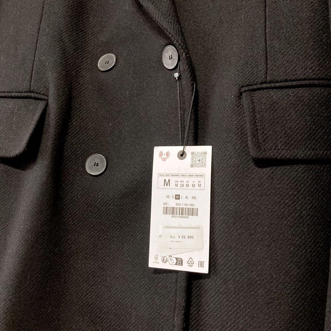 新品 ZARA 黒 M マンテコ社 ウール ロングコート ザラ