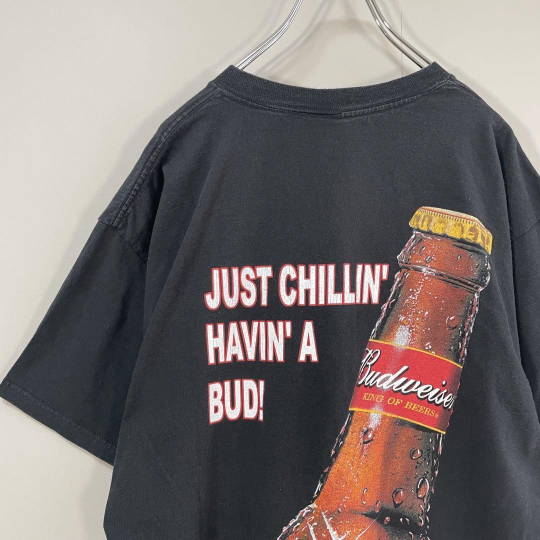 【バックプリント、瓶ビール】バドワイザー古着ブラック企業系TシャツアルコールL.