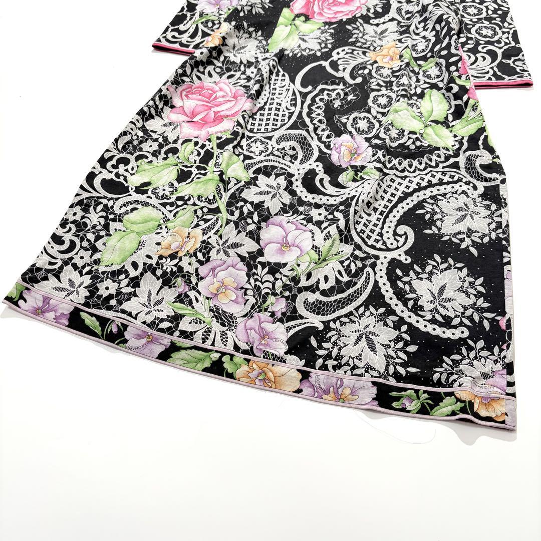 【極美品】LEONARD 膝丈 ワンピース 花柄 ロゴ 七分袖 ブラック XL