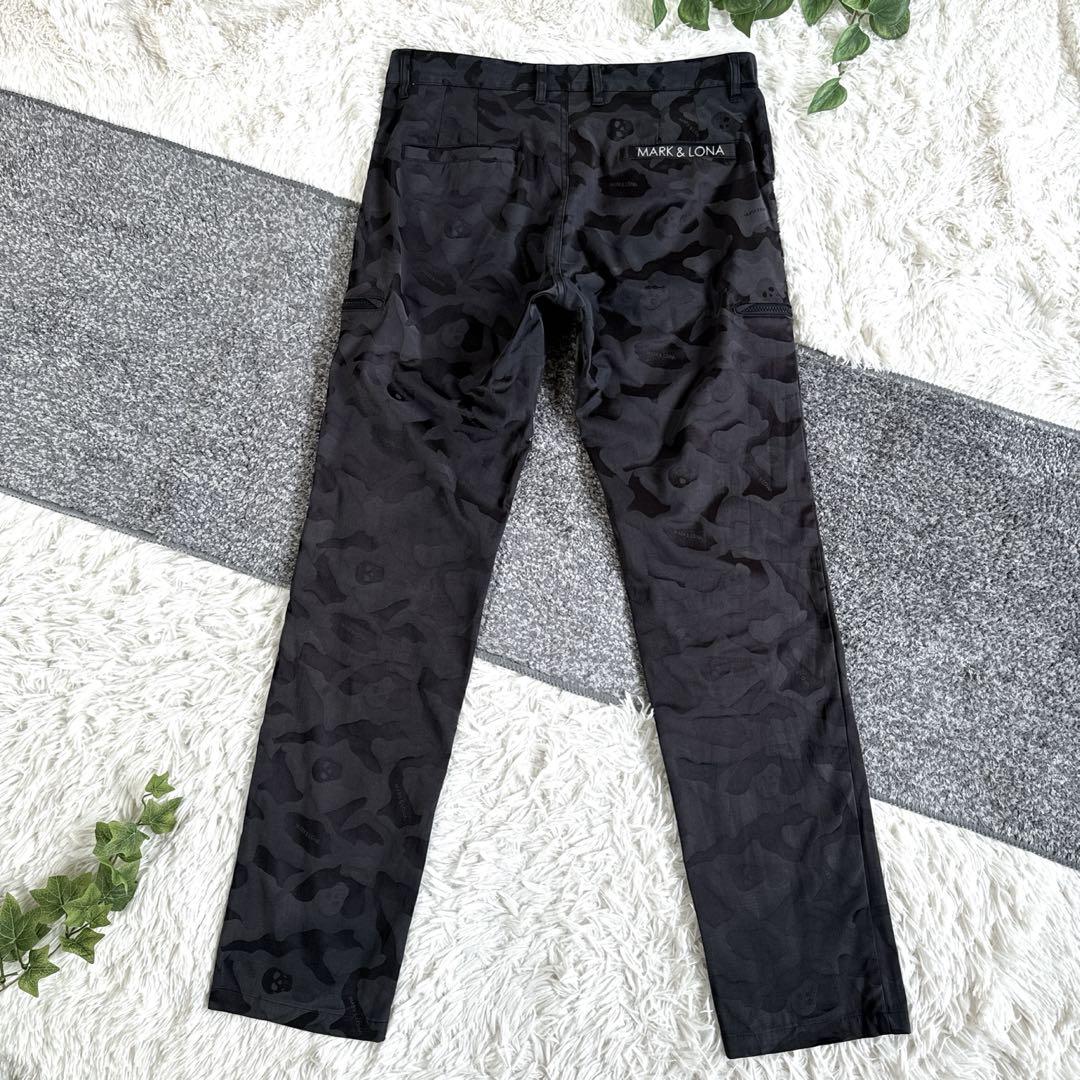 MARK&LONA ストレッチパンツ スカル カモフラ刺繍ロゴブラックXL
