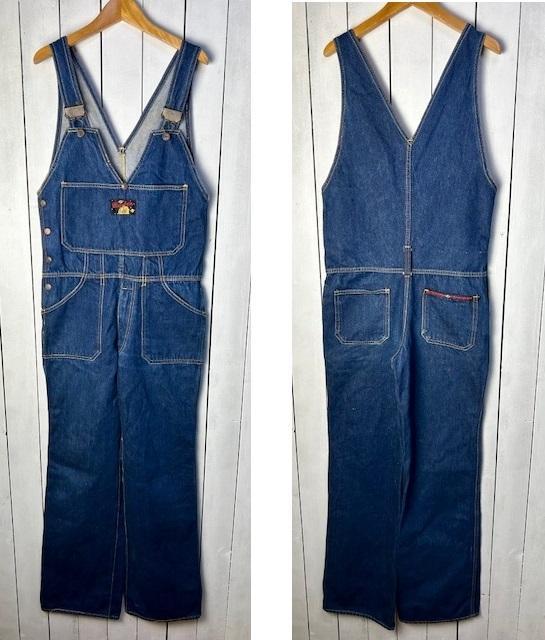 昭和レトロ 70s サイド高 片開きデニムオーバーオール 濃青 M~L 昭和レトロ 70s サイド高 片開きデニムオーバーオール 濃青 M~L