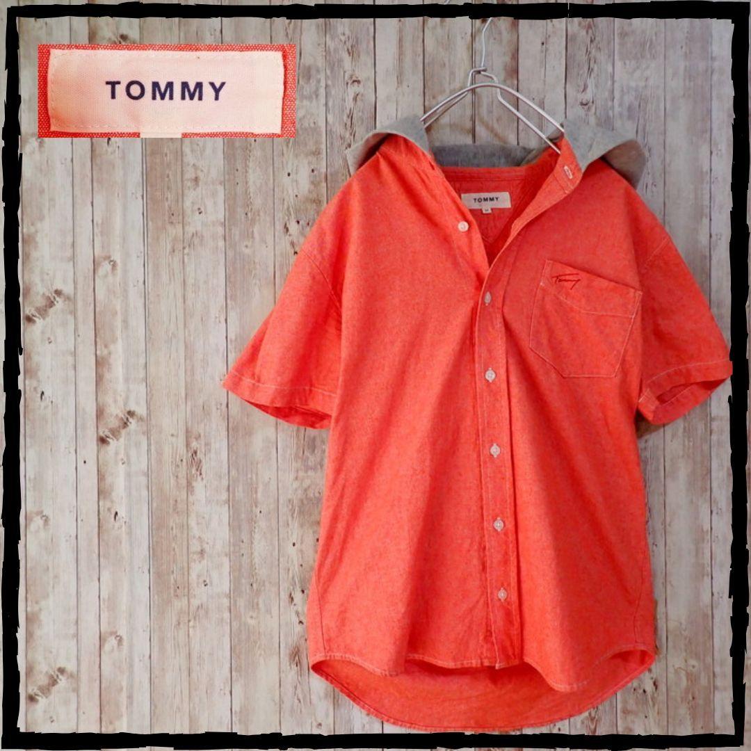 超 美品 TOMMY フード付き オレンジ 半袖シャツ トミーヒルフィガー