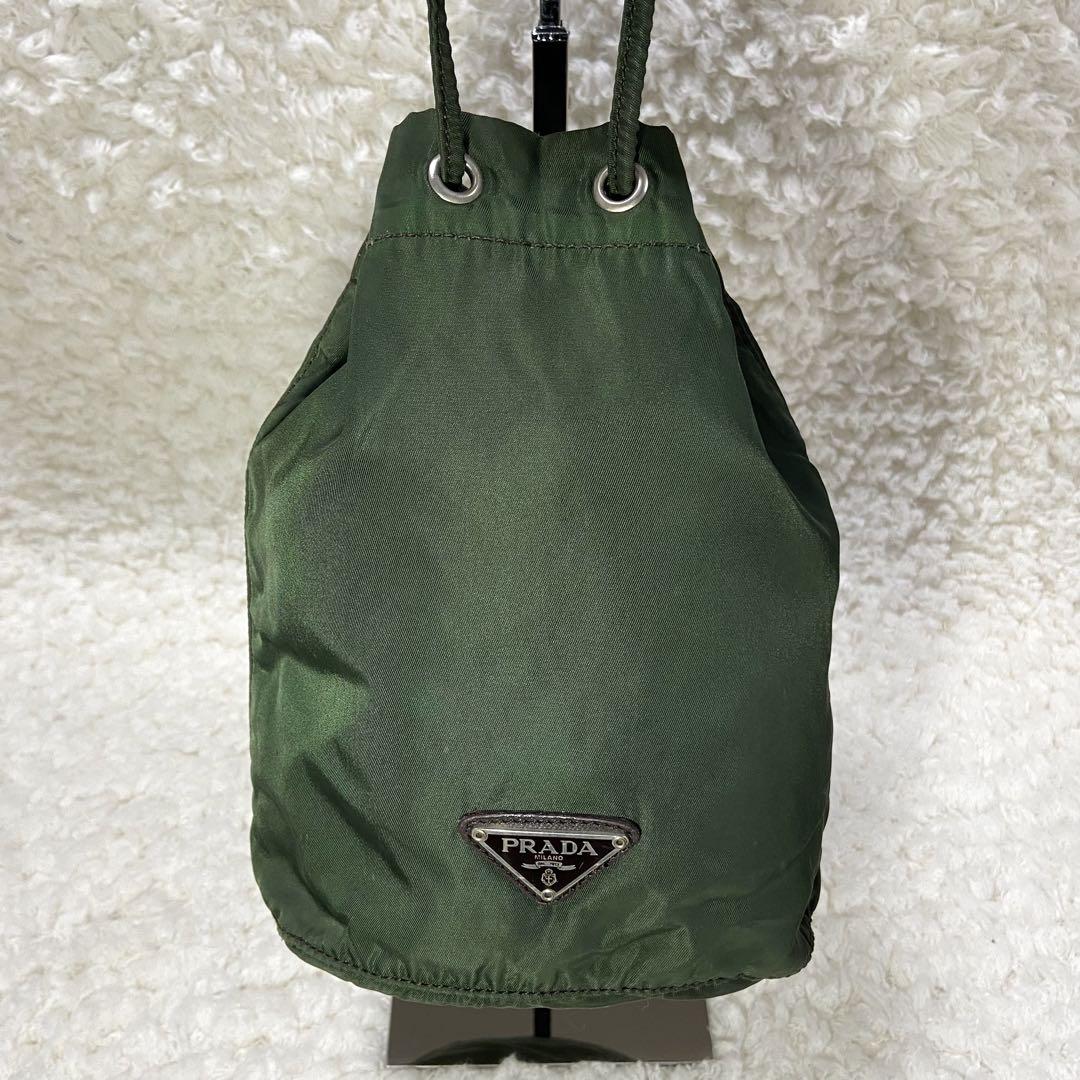 PRADA テスートナイロン 三角ロゴ プレート 巾着バッグ ポーチ カーキ