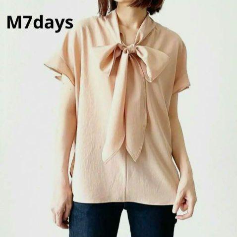 美品　M7days さらふわボウタイブラウス コーラルピンク М　シャツ　半袖