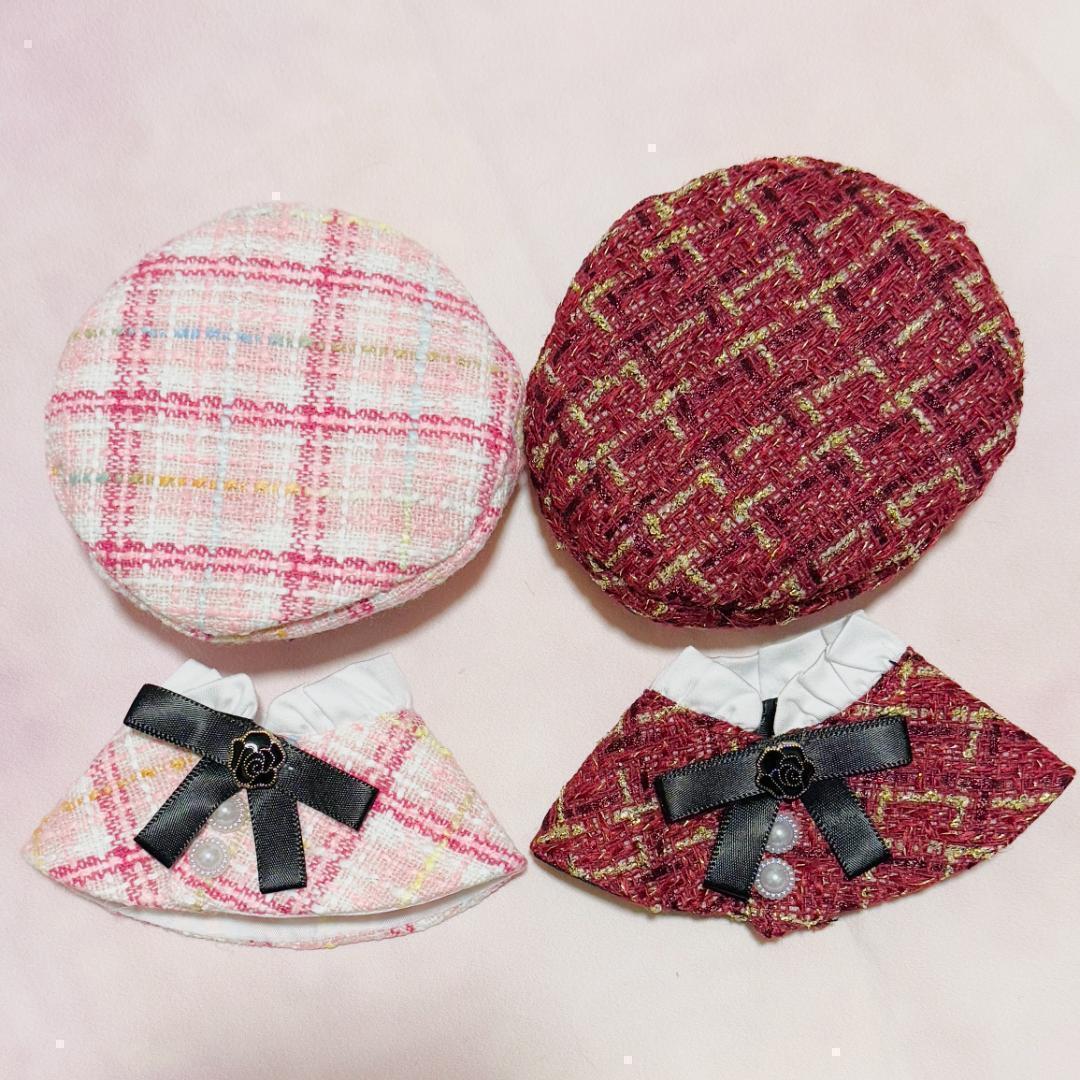 ピンク＆レッド】ぬい服 10cm用 ベレー帽 & ポンチョ ぬいぐるみ