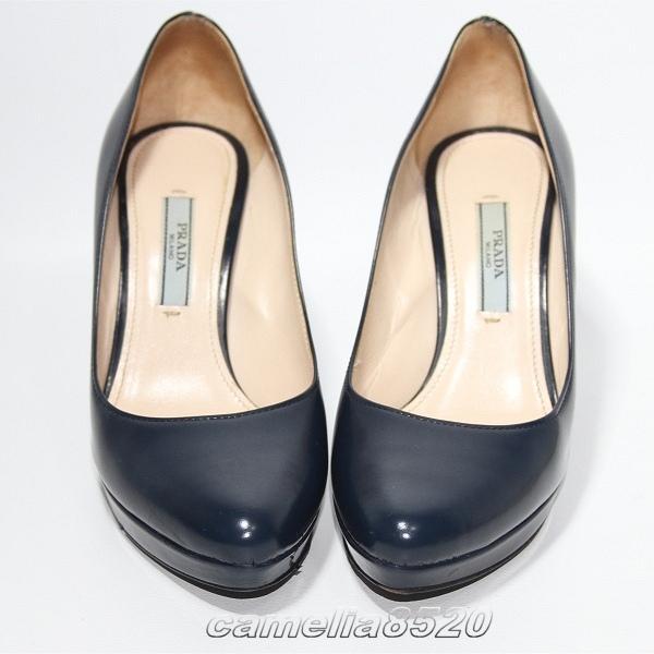 PRADA プラダ アーモンドトゥ ヒール パンプス 紺 34.5 約22cm