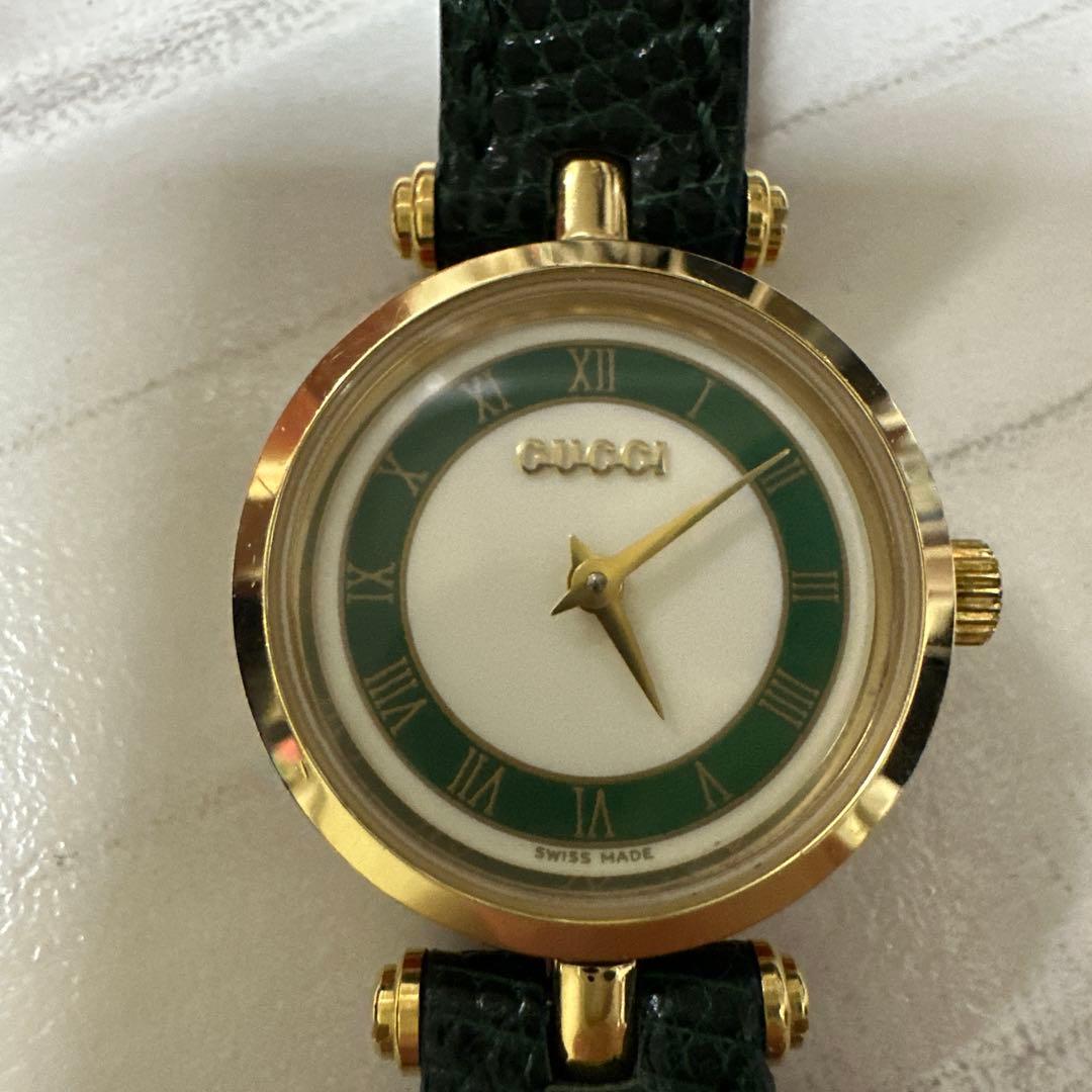 不動品 グッチ シェリーライン ラウンド レディース 腕時計 グリーン 緑GUCCI