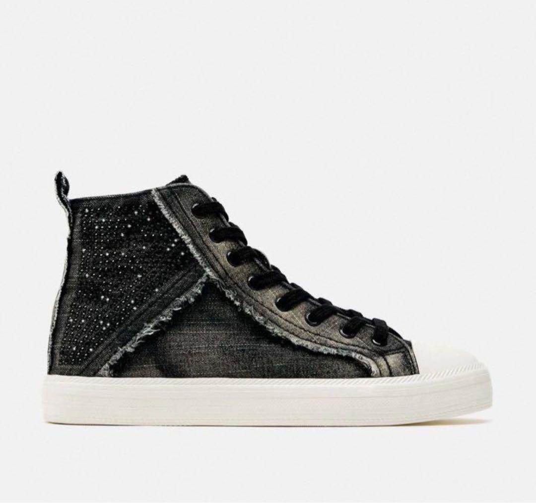新品 ZARA ラインストーン付 デニム ハイカットスニーカー 36