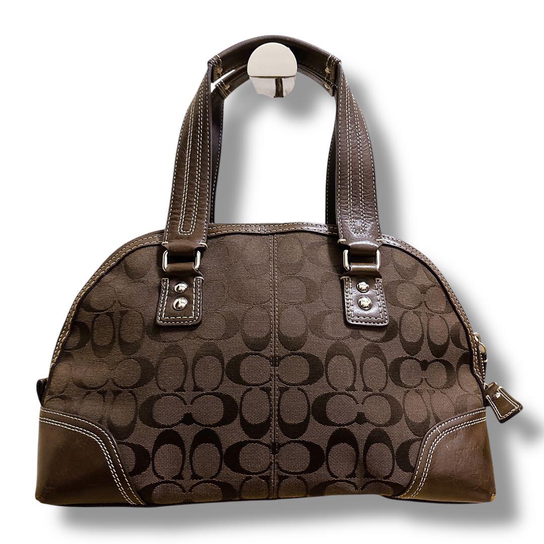 良品 COACH コーチ ハンドバッグ レザー シグネチャー　ターンロック　茶