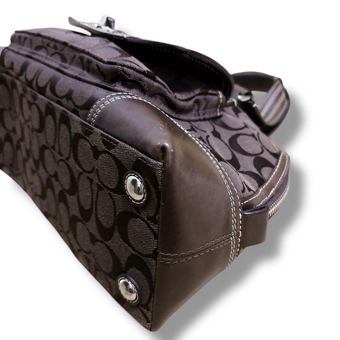 良品 COACH コーチ ハンドバッグ レザー シグネチャー　ターンロック　茶