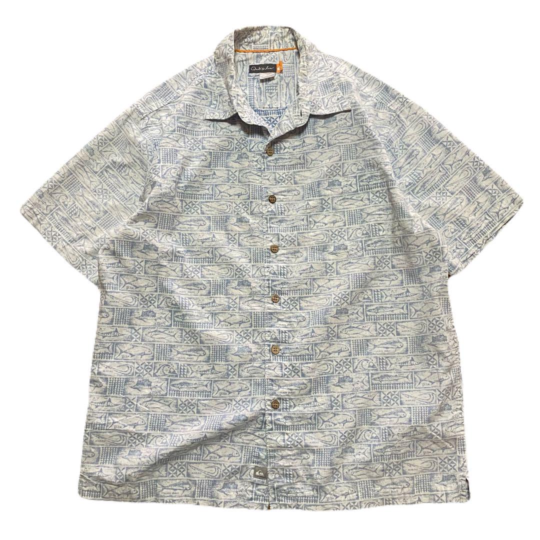 90's 柄シャツ　釣り　半袖シャツ　古着　総柄　魚　ホワイト　アロハシャツ