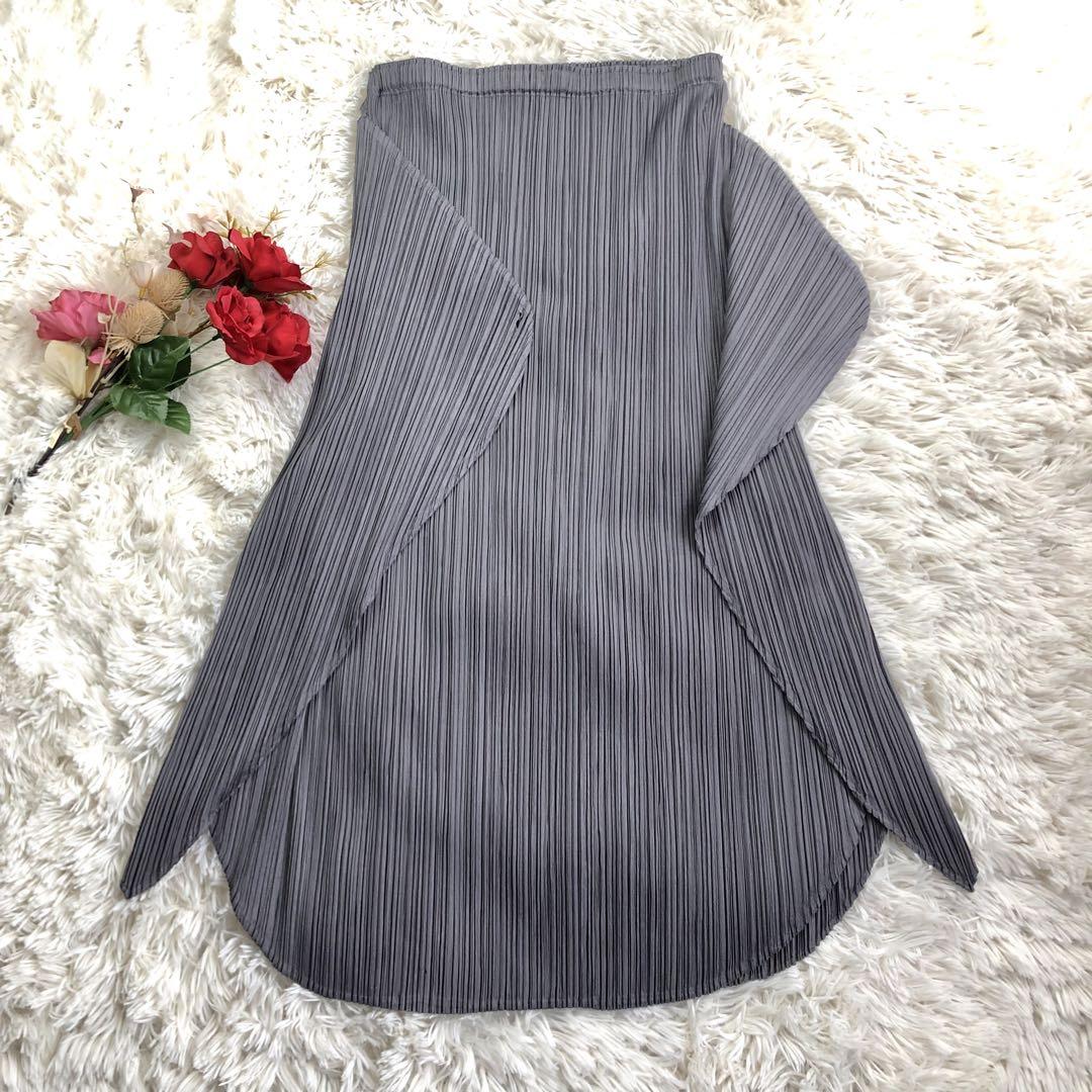 【美品】PLEATS PLEASE スカート プリーツ ロング グレーチェック柄 forksy.】ベルト付き ランダムプリーツ チェックロングスカート