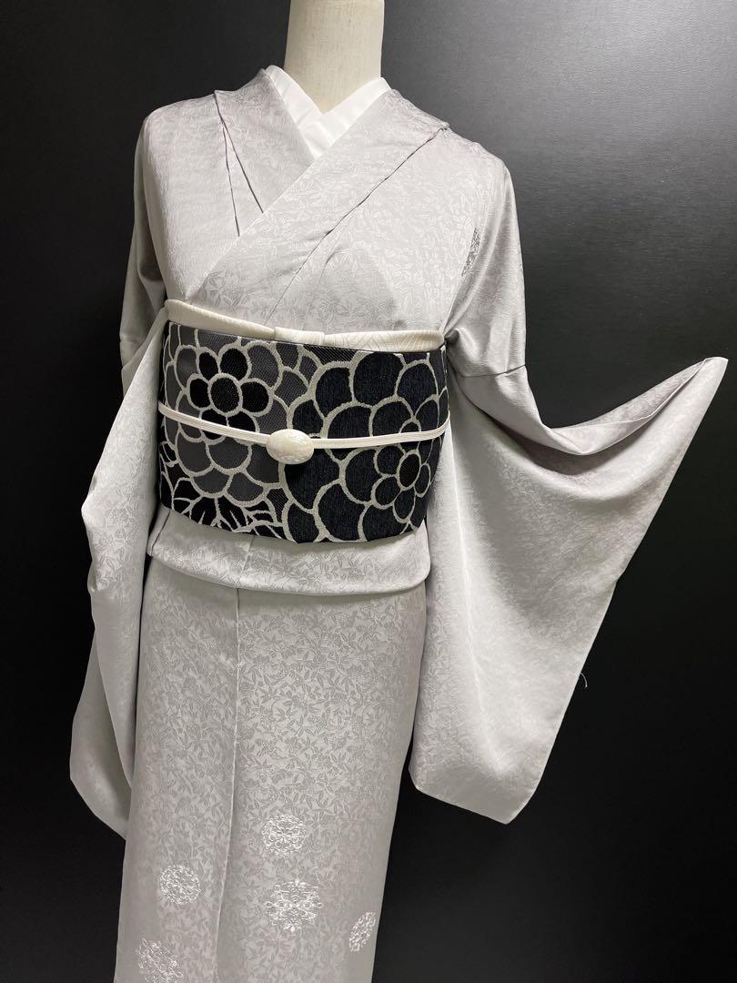 お仕立て付き 正絹袋帯【ビロード織◆華文】ブラック 黒 銀 振袖 訪問着などにkimono