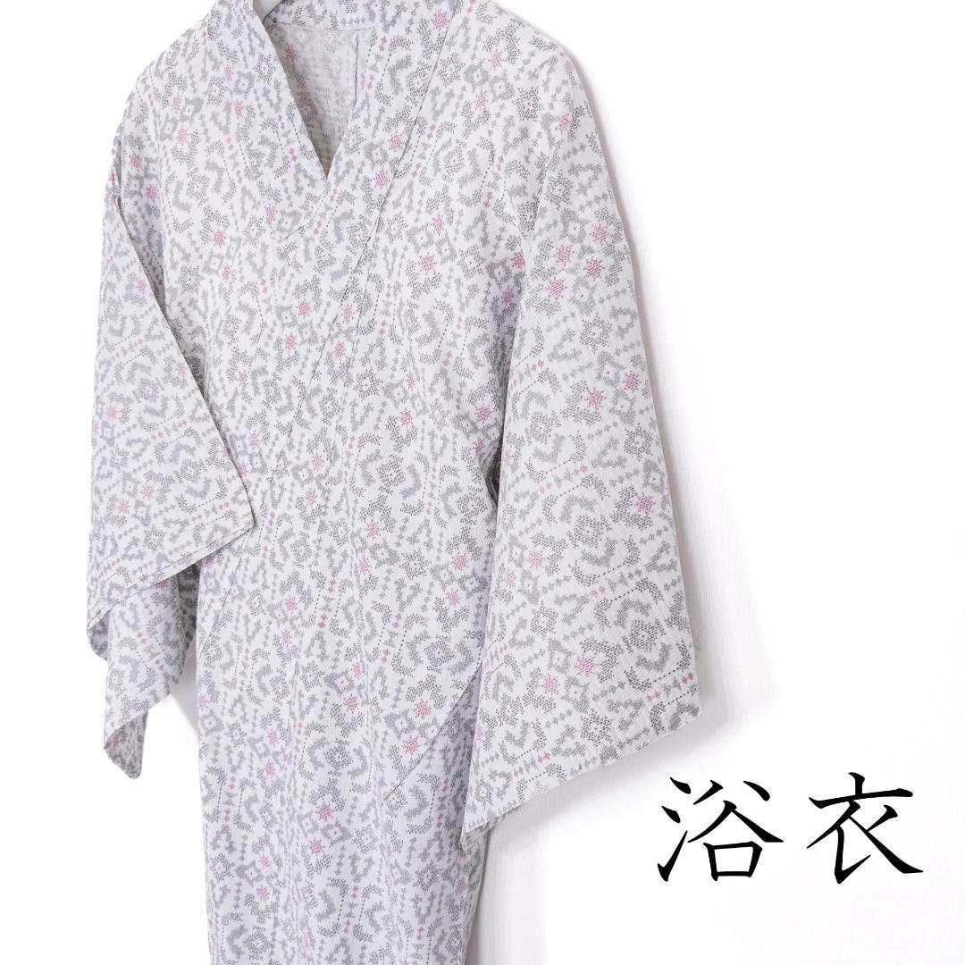 ※R7SK701 浴衣 夏物 薄物 白 黒 マゼンタ 幾何文様 総柄 和装