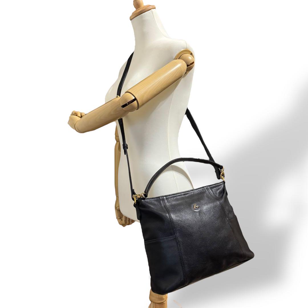 AI12【美品】　キタムラ2　シボ革　2way　ショルダーバッグ　金ロゴ　黒 AI12【美品】 キタムラ2 シボ革 2way ショルダーバッグ 金ロゴ