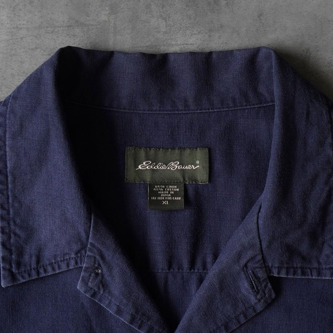 代引き手数料無料 00s Eddie Bauer オープンカラーシャツ リネンシャツ ネイビー トップス