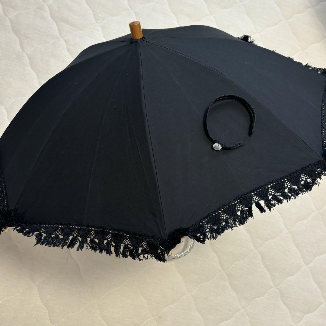 期間限定のお買い得商品 大森商店】日傘 フリンジ大40cm 黒(傘袋付き）（大森商店】日傘 小物