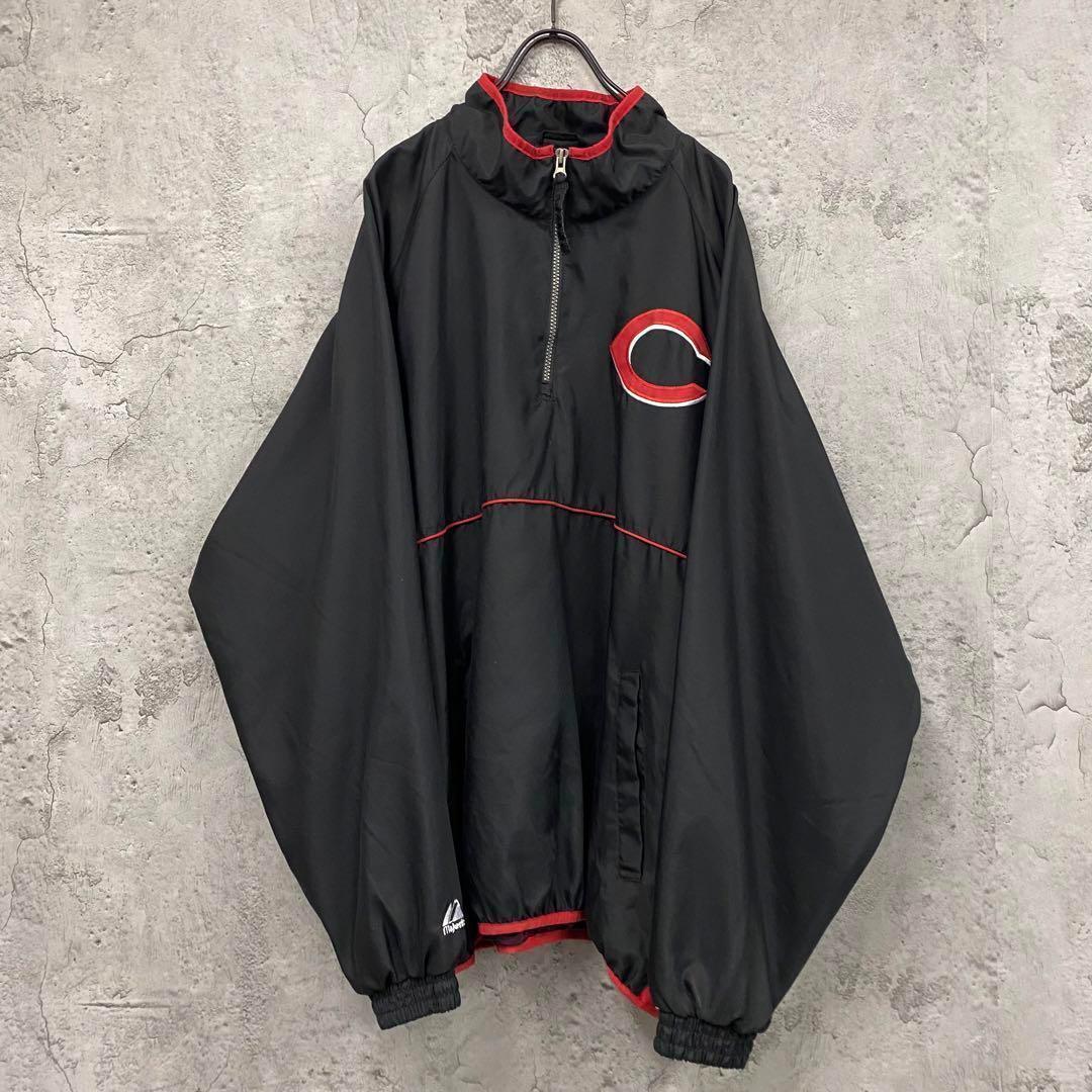 Majestic アスレチックス ハーフジップジャケット　MLB　XL 美品 レア【古着】MLBレッズ ハーフジップ刺繍ナイロンジャケット