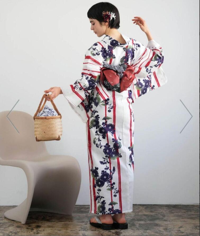 ニコアンティーク 高級変わり織 浴衣3点セット 赤のバンブーストライプと菊影絵