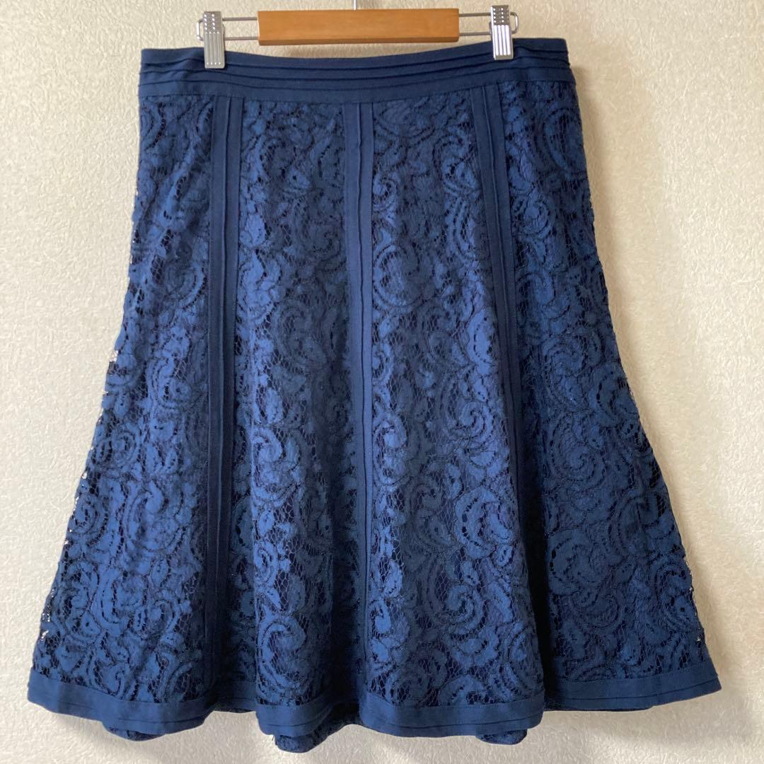 タダシショージ レース Vネック ピンタック ツーピース 7分袖　ネイビー　L