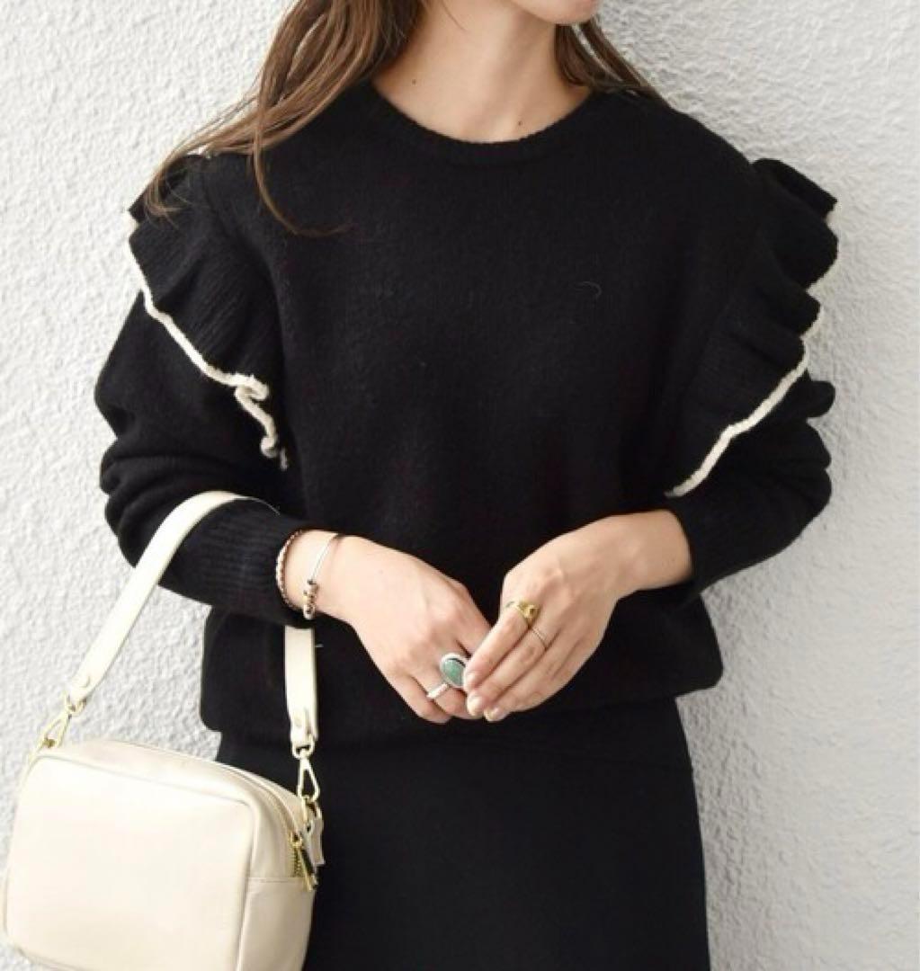 ■美品◆シップスエニィ◆トリミングショルダーフリルニットプルオーバー