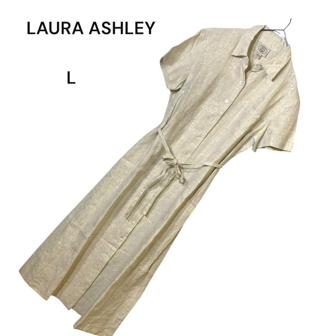 LAURA ASHLEY 半袖　花柄刺繍　麻100%シャツワンピース L キナリ