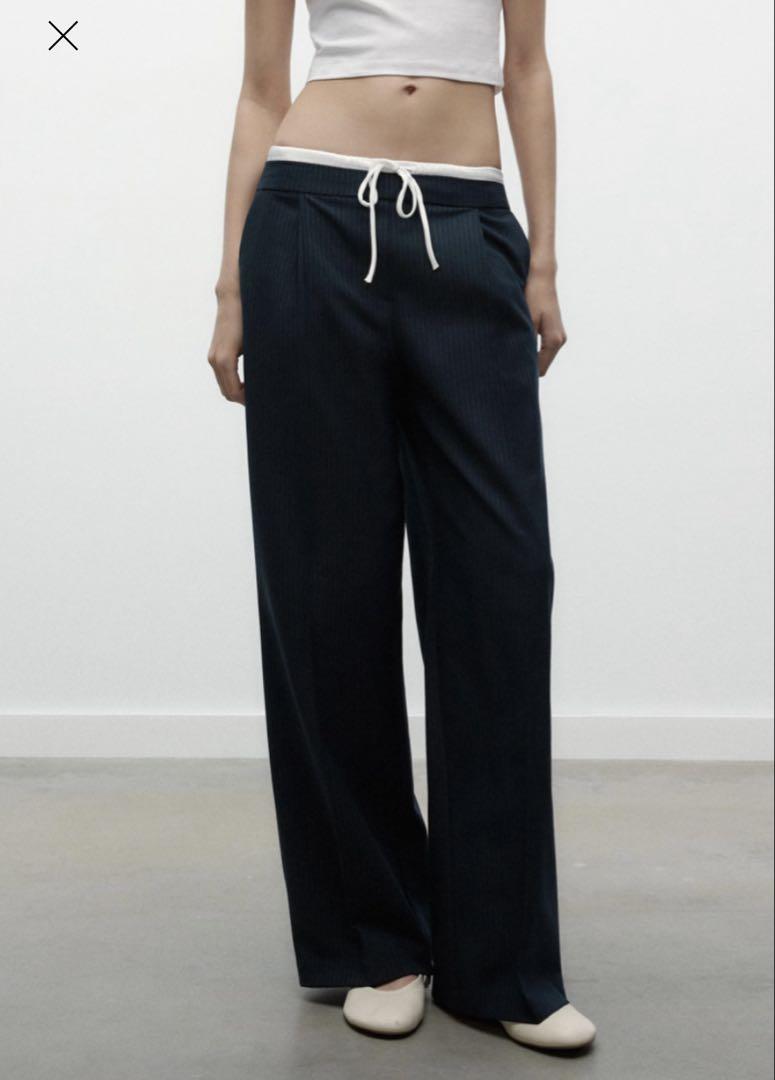 zara WIDE-LEGパンツ ダブルウエストバンド ネイビー