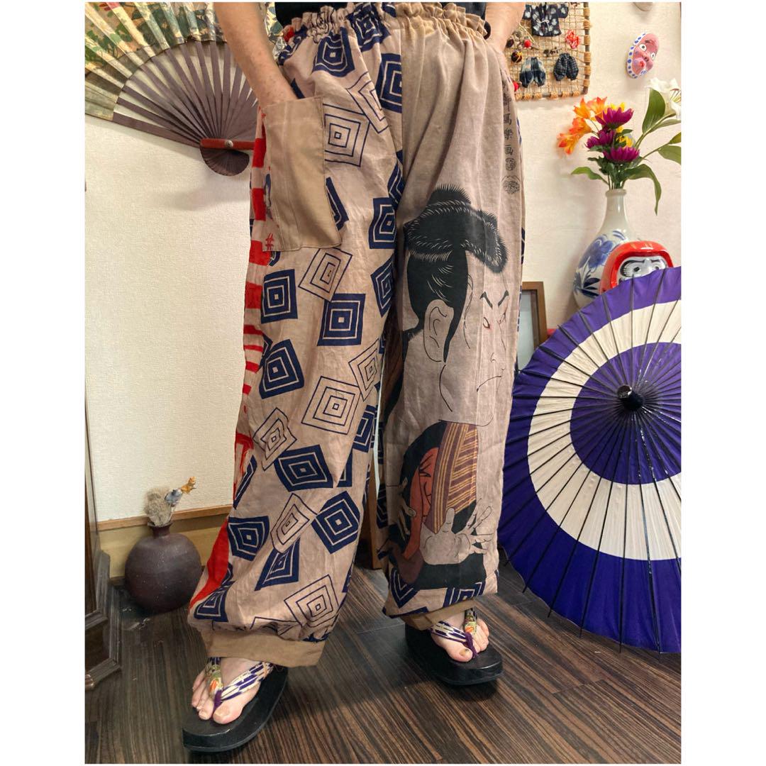 歌舞伎柄の手ぬぐいと浴衣の柿渋染めパンツ 手ぬぐいリメイク