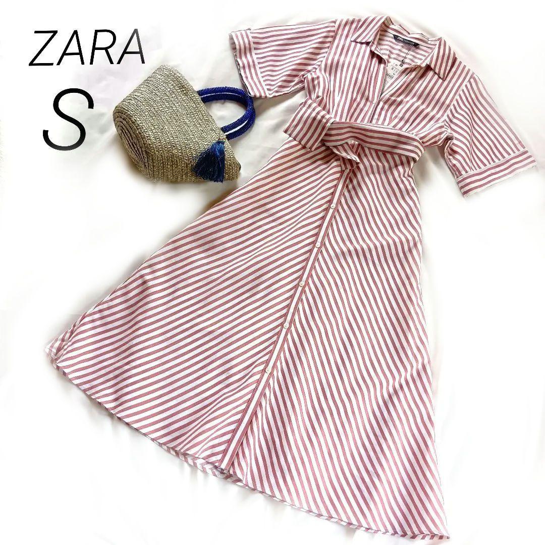新品♡ ZARA　リネンブレンド ロングシャツワンピース Aライン ストライプ